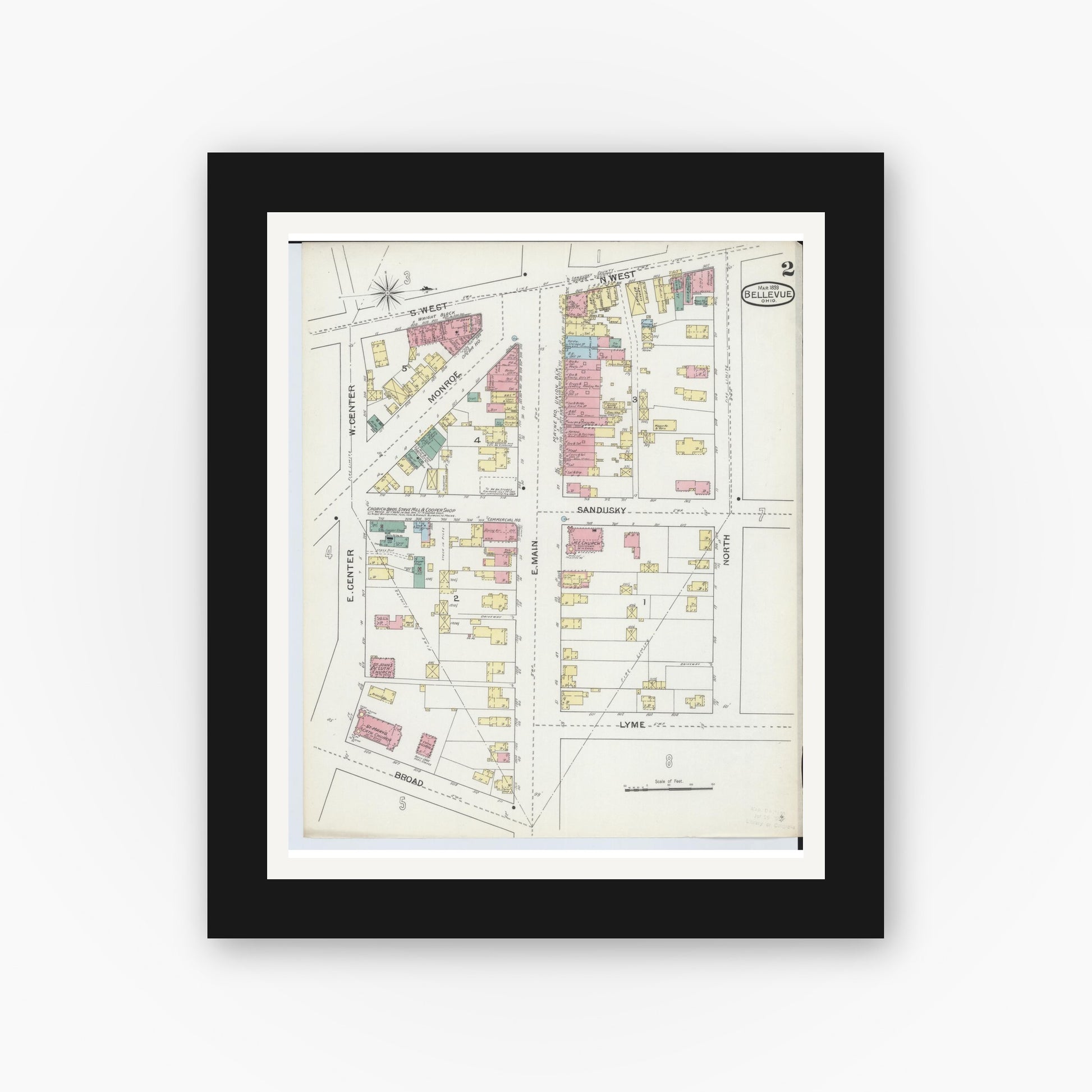 Old map wall art mockup — black gallery frame with white mat — Sanborn Fire Insurance Map from Bellevue, Huron And Sandusky County, Ohio (1893), Sheet #0002
