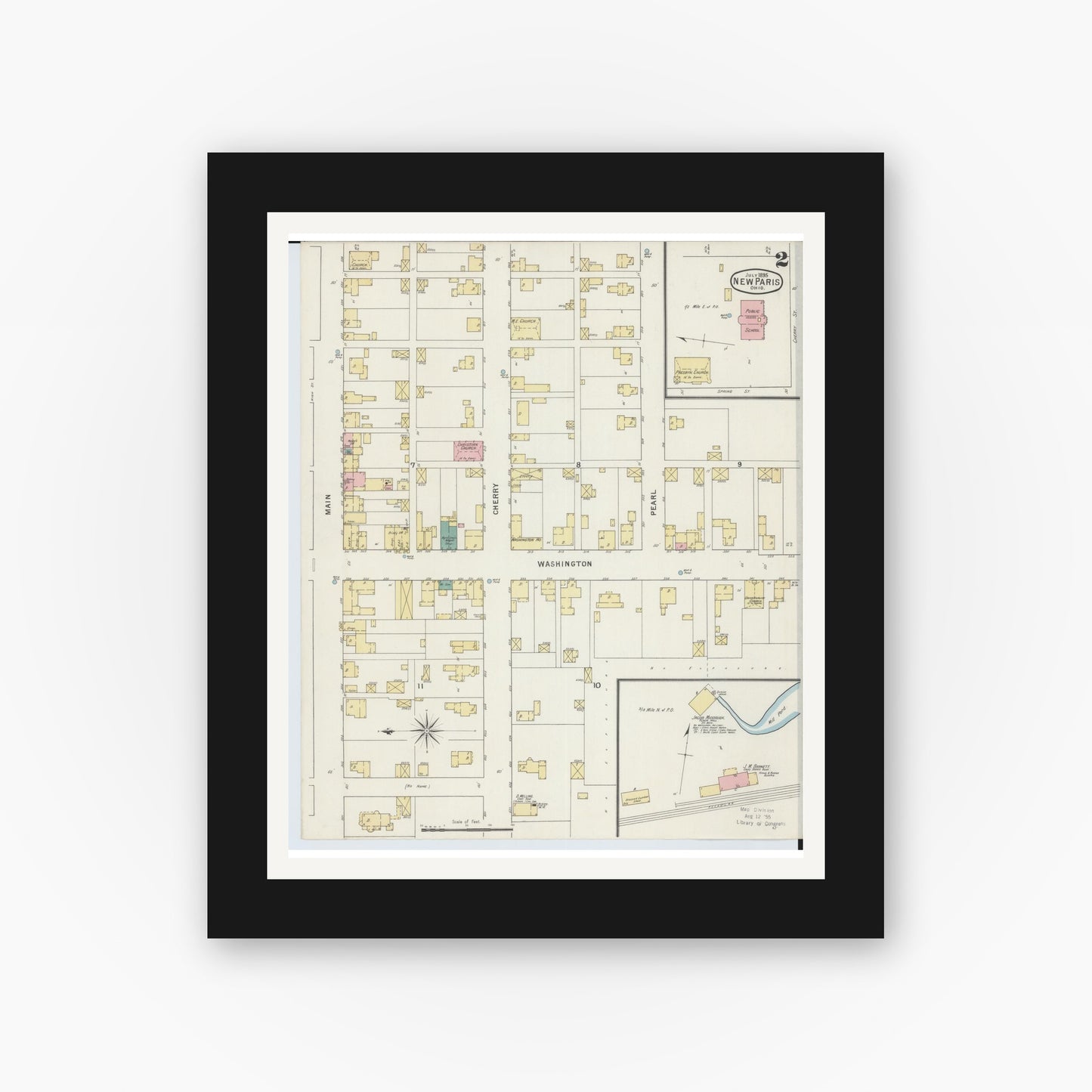 Old map wall art mockup — black gallery frame with white mat — Sanborn Fire Insurance Map from New Paris, Preble County, Ohio (1895), Sheet #0002
