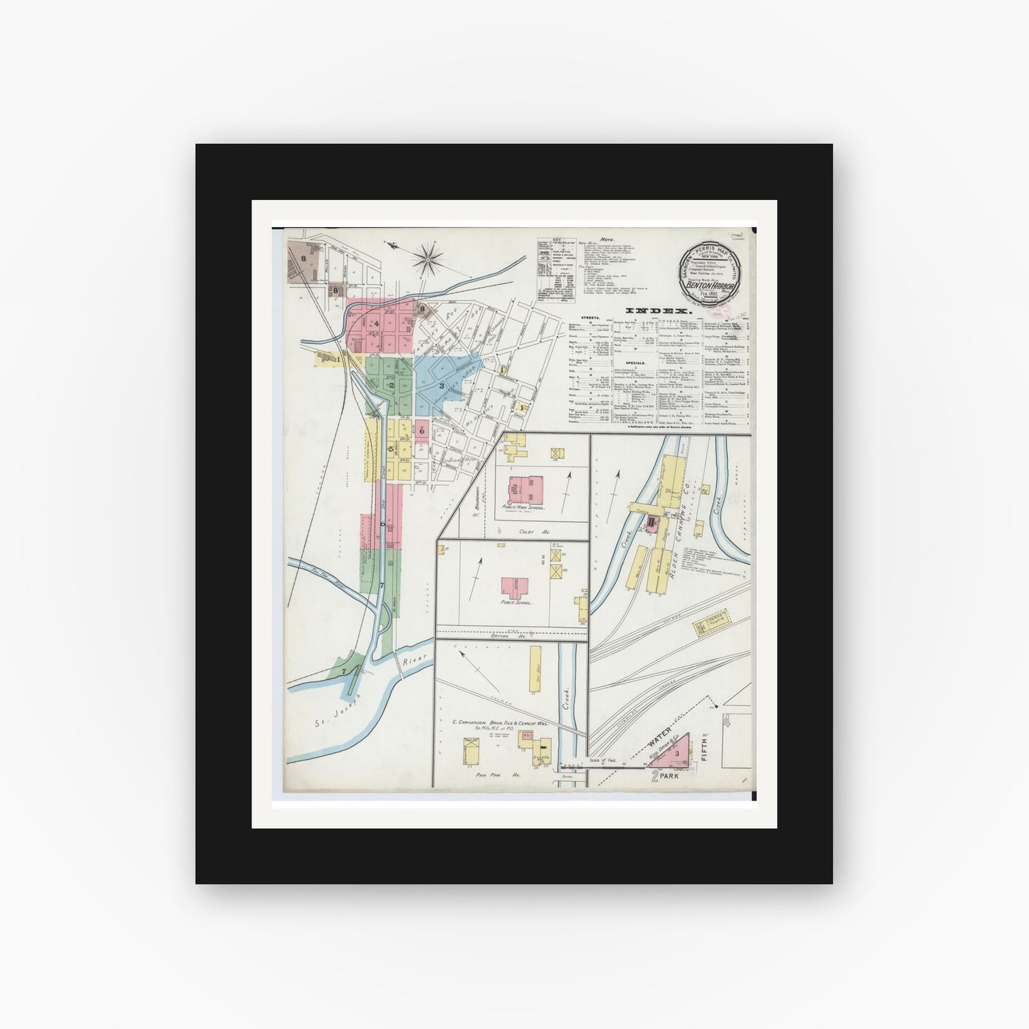 Old map wall art mockup — black gallery frame with white mat — Sanborn Fire Insurance Map from Benton Harbor, Berrien County, Michigan (1895), Sheet #0001