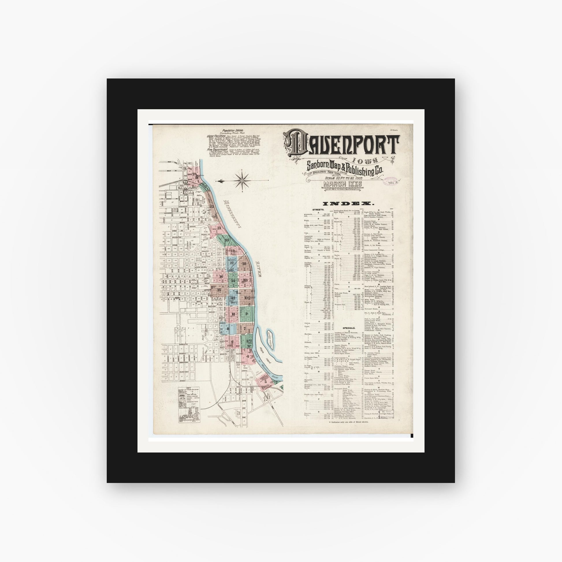 Old map wall art mockup — black gallery frame with white mat — Sanborn Fire Insurance Map from Davenport, Scott County, Iowa (1886), Sheet #0001