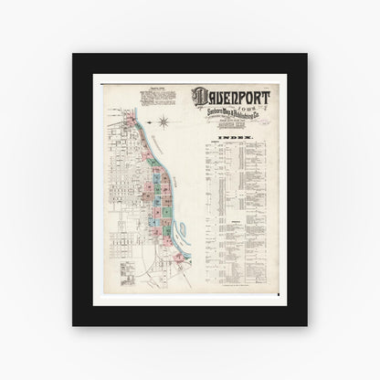 Old map wall art mockup — black gallery frame with white mat — Sanborn Fire Insurance Map from Davenport, Scott County, Iowa (1886), Sheet #0001