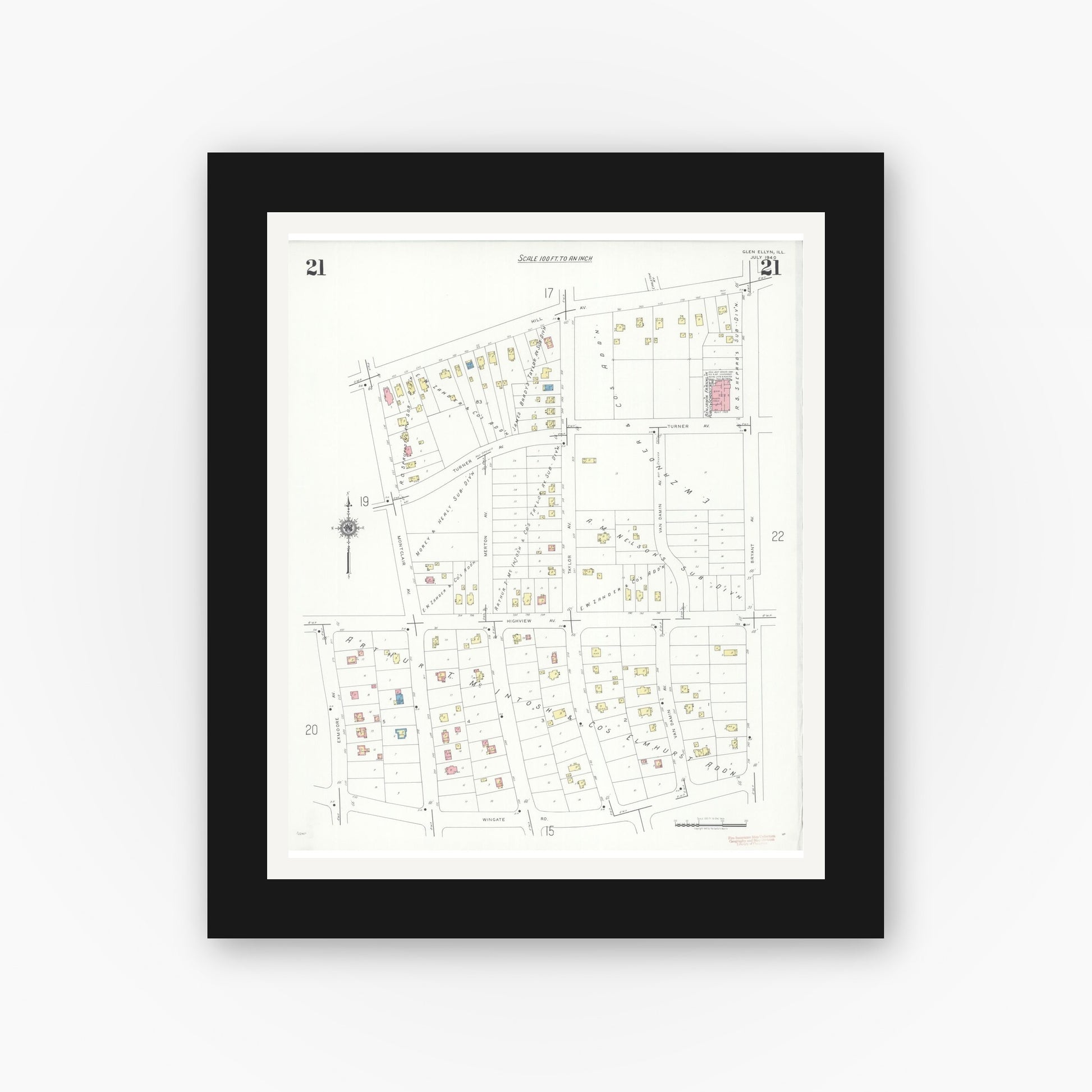 Old map wall art mockup — black gallery frame with white mat — Sanborn Fire Insurance Map from Glen Ellyn, Du Page County, Illinois (1940), Sheet #0021