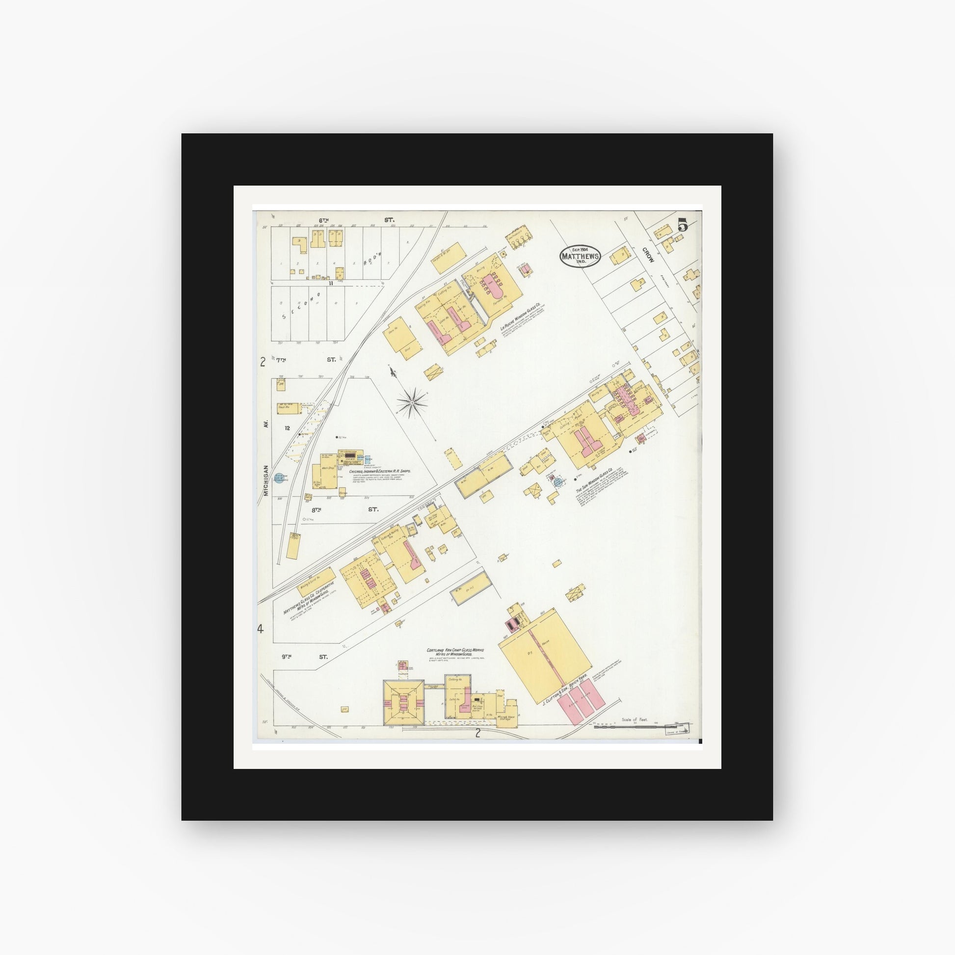 Old map wall art mockup — black gallery frame with white mat — Sanborn Fire Insurance Map from Matthews, Grant County, Indiana (1904), Sheet #0005