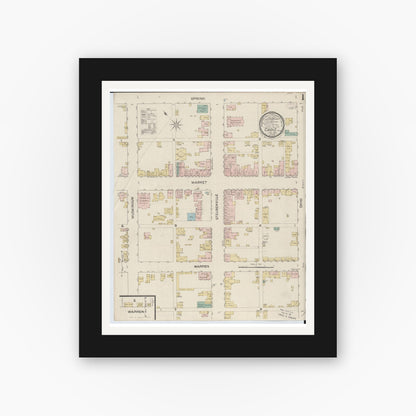 Old map wall art mockup — black gallery frame with white mat — Sanborn Fire Insurance Map from Cadiz, Harrison County, Ohio (1887), Sheet #0001