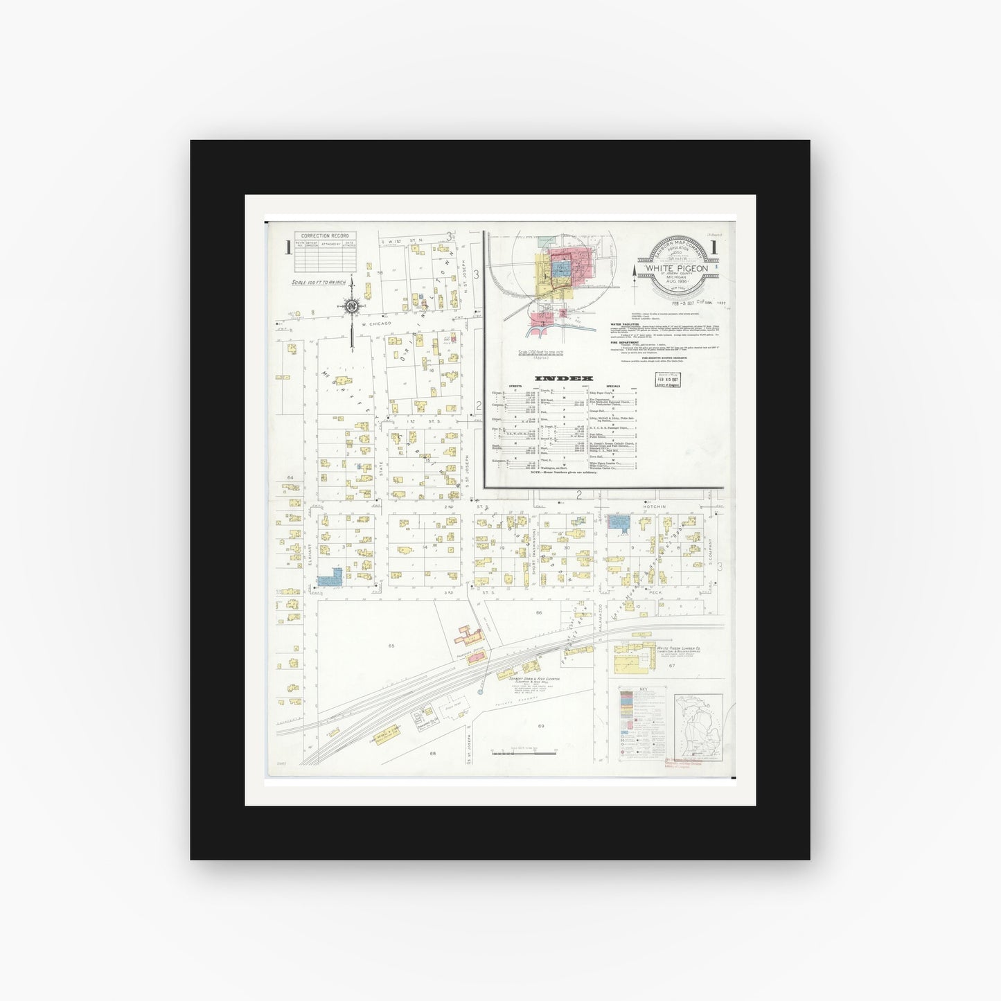 Old map wall art mockup — black gallery frame with white mat — Sanborn Fire Insurance Map from White Pigeon, Saint Joseph County, Michigan (1936) - Complete Map Set