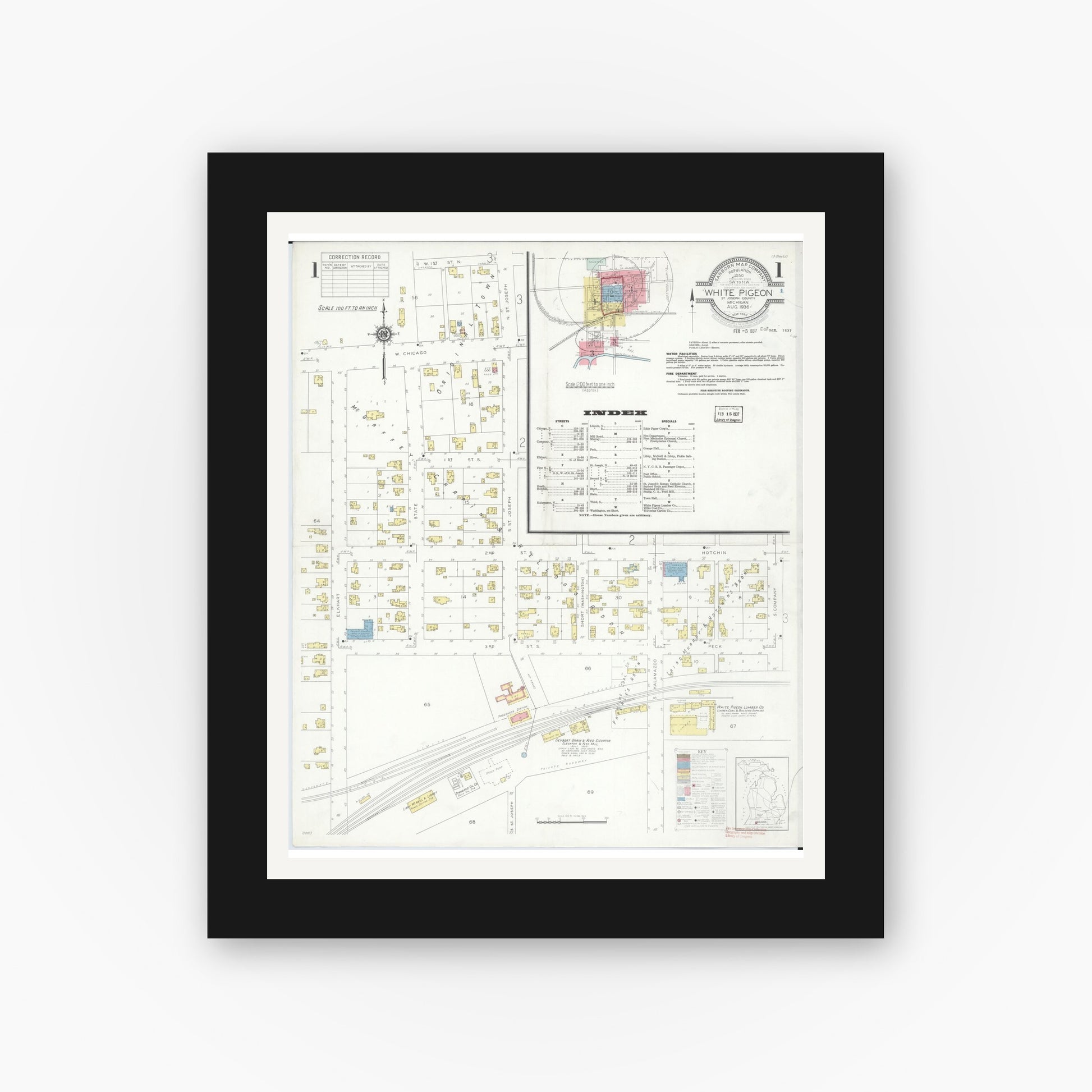 Old map wall art mockup — black gallery frame with white mat — Sanborn Fire Insurance Map from White Pigeon, Saint Joseph County, Michigan (1936) - Complete Map Set