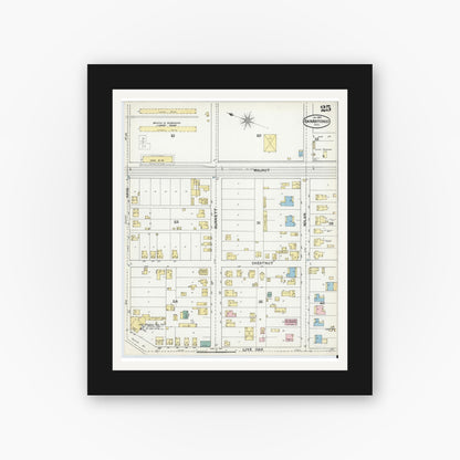 Old map wall art mockup — black gallery frame with white mat — Sanborn Fire Insurance Map from San Antonio, Bexar County, Texas (1892), Sheet #0025