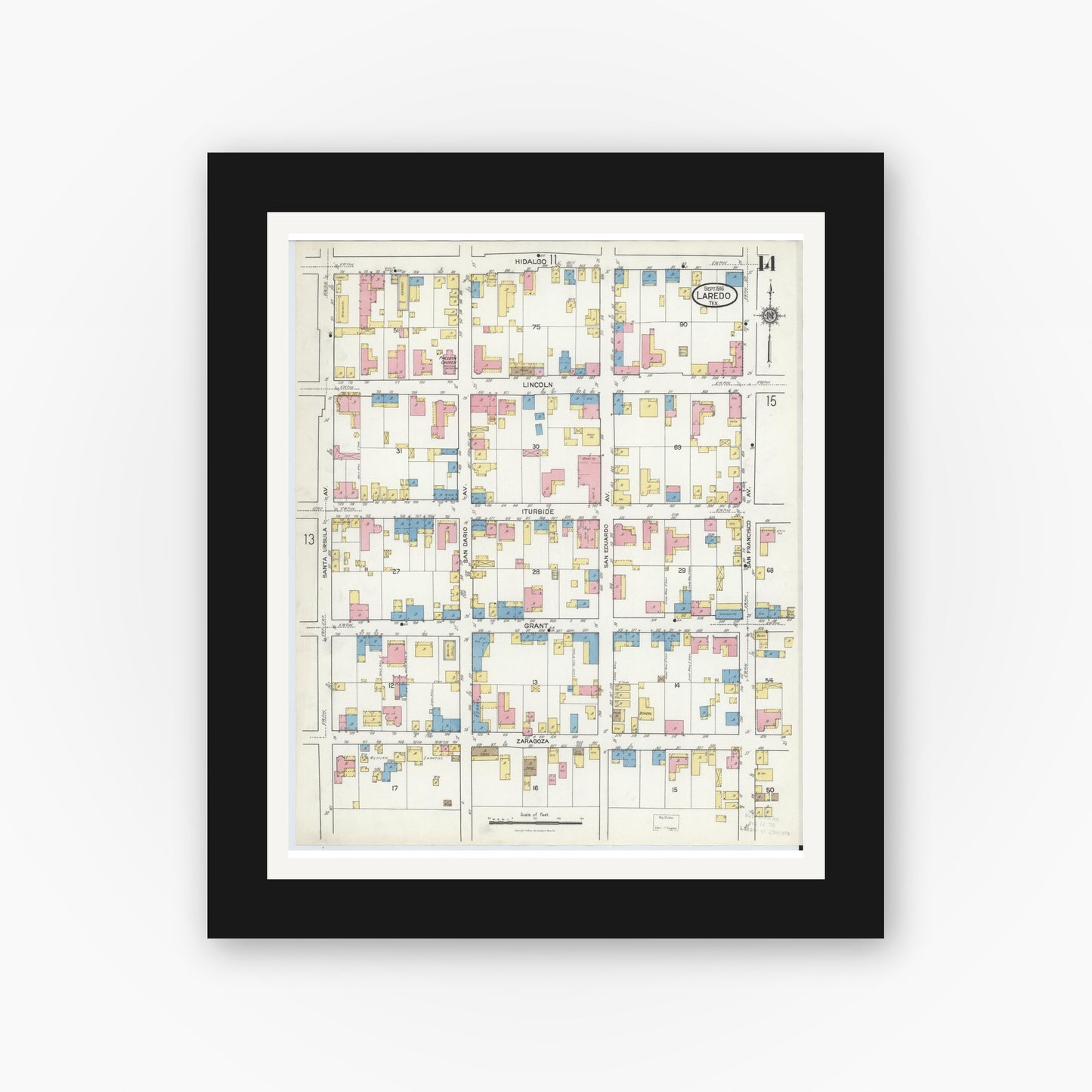 Old map wall art mockup — black gallery frame with white mat — Sanborn Fire Insurance Map from Laredo, Webb County, Texas (1916), Sheet #0014