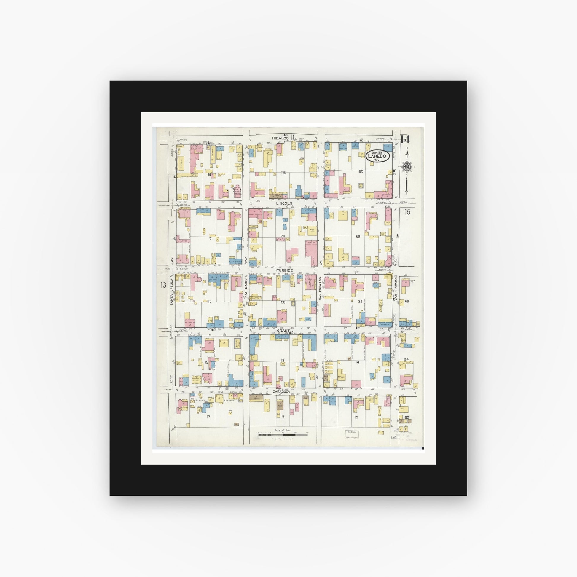 Old map wall art mockup — black gallery frame with white mat — Sanborn Fire Insurance Map from Laredo, Webb County, Texas (1916), Sheet #0014