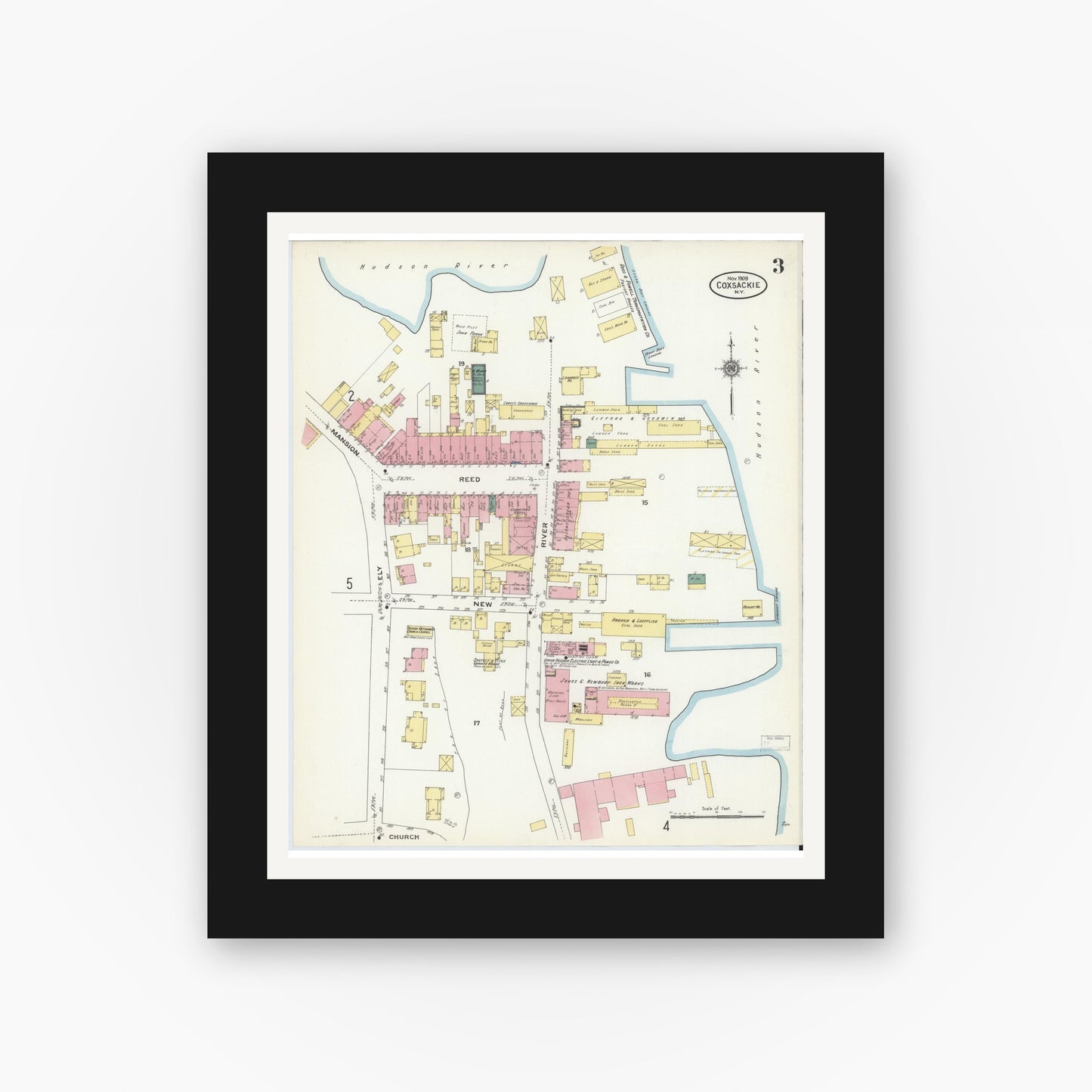 Old map wall art mockup — black gallery frame with white mat — Sanborn Fire Insurance Map from Coxsackie, Greene County, New York (1909), Sheet #0003