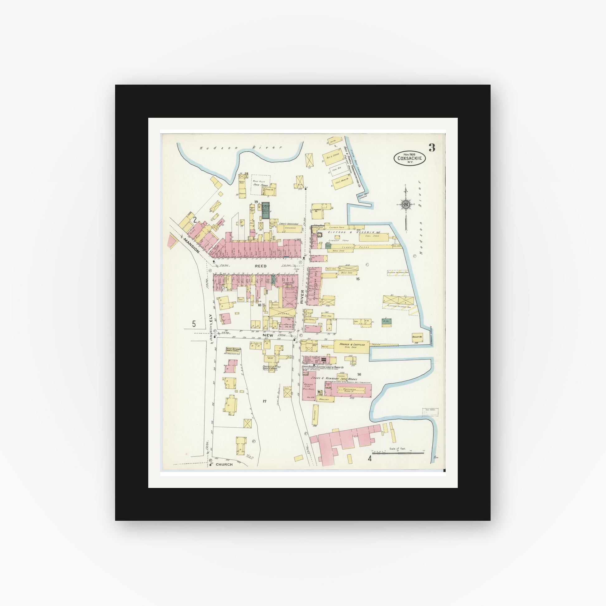 Old map wall art mockup — black gallery frame with white mat — Sanborn Fire Insurance Map from Coxsackie, Greene County, New York (1909), Sheet #0003