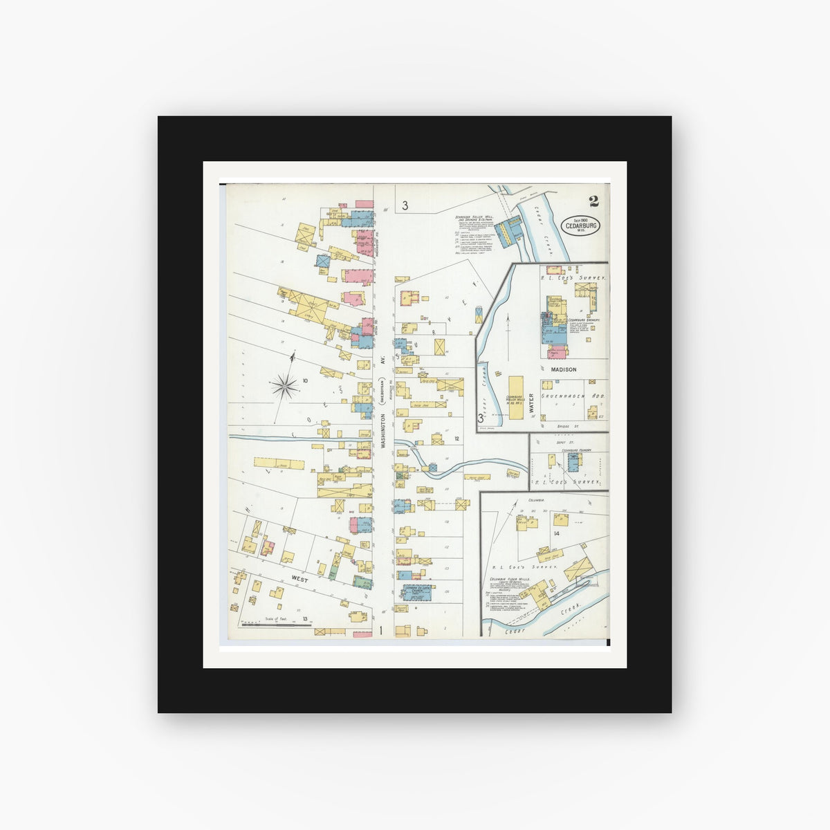 Old map wall art mockup — black gallery frame with white mat — Sanborn Fire Insurance Map from Cedarburg, Ozaukee County, Wisconsin (1900), Sheet #0002
