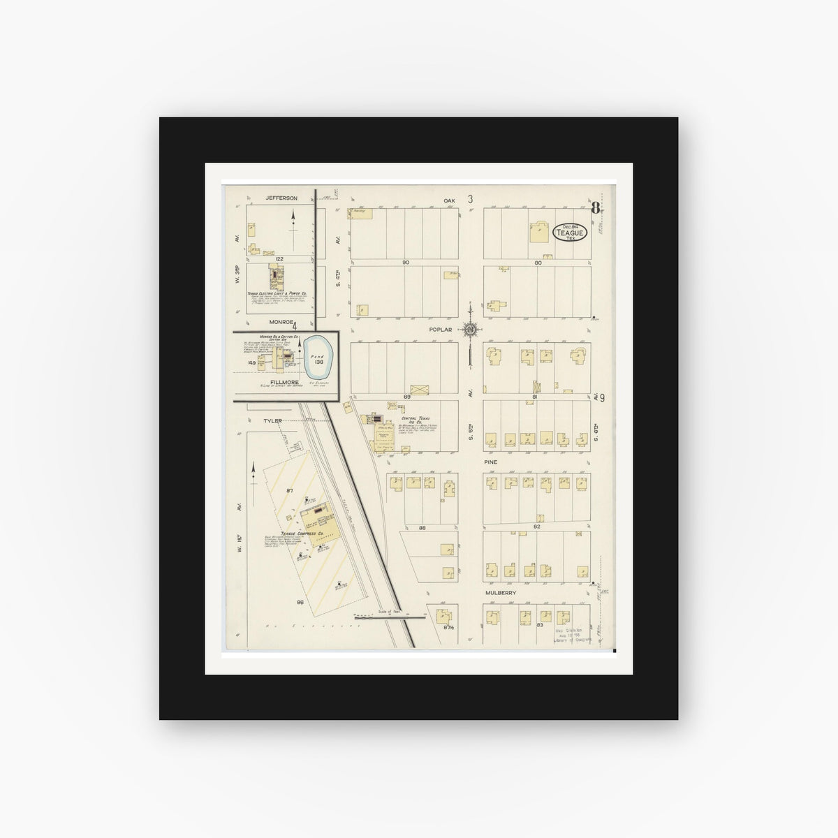Old map wall art mockup — black gallery frame with white mat — Sanborn Fire Insurance Map from Teague, Freestone County, Texas (1914), Sheet #0008