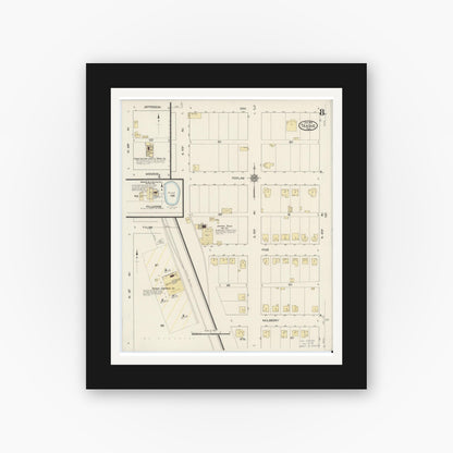 Old map wall art mockup — black gallery frame with white mat — Sanborn Fire Insurance Map from Teague, Freestone County, Texas (1914), Sheet #0008