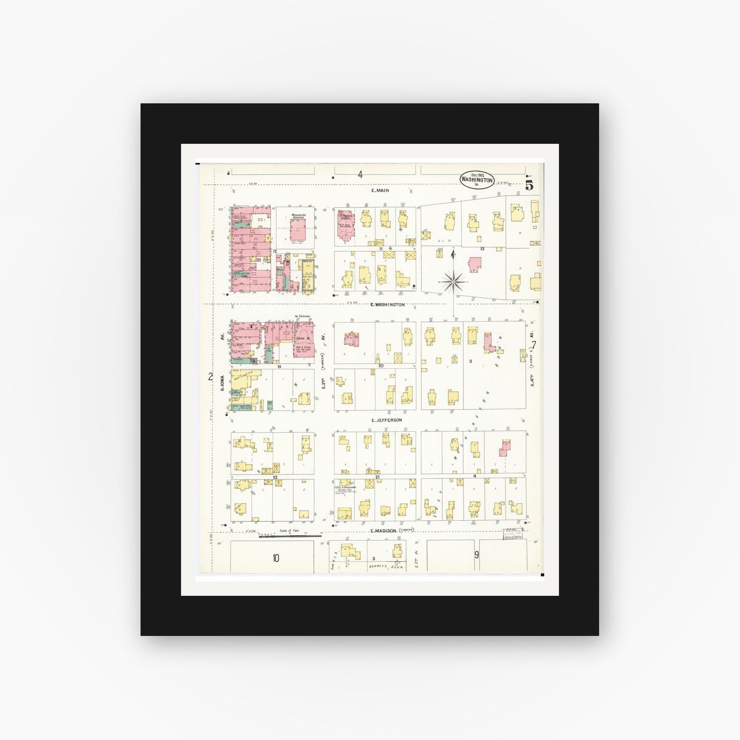 Old map wall art mockup — black gallery frame with white mat — Sanborn Fire Insurance Map from Washington, Washington County, Iowa (1902), Sheet #0005