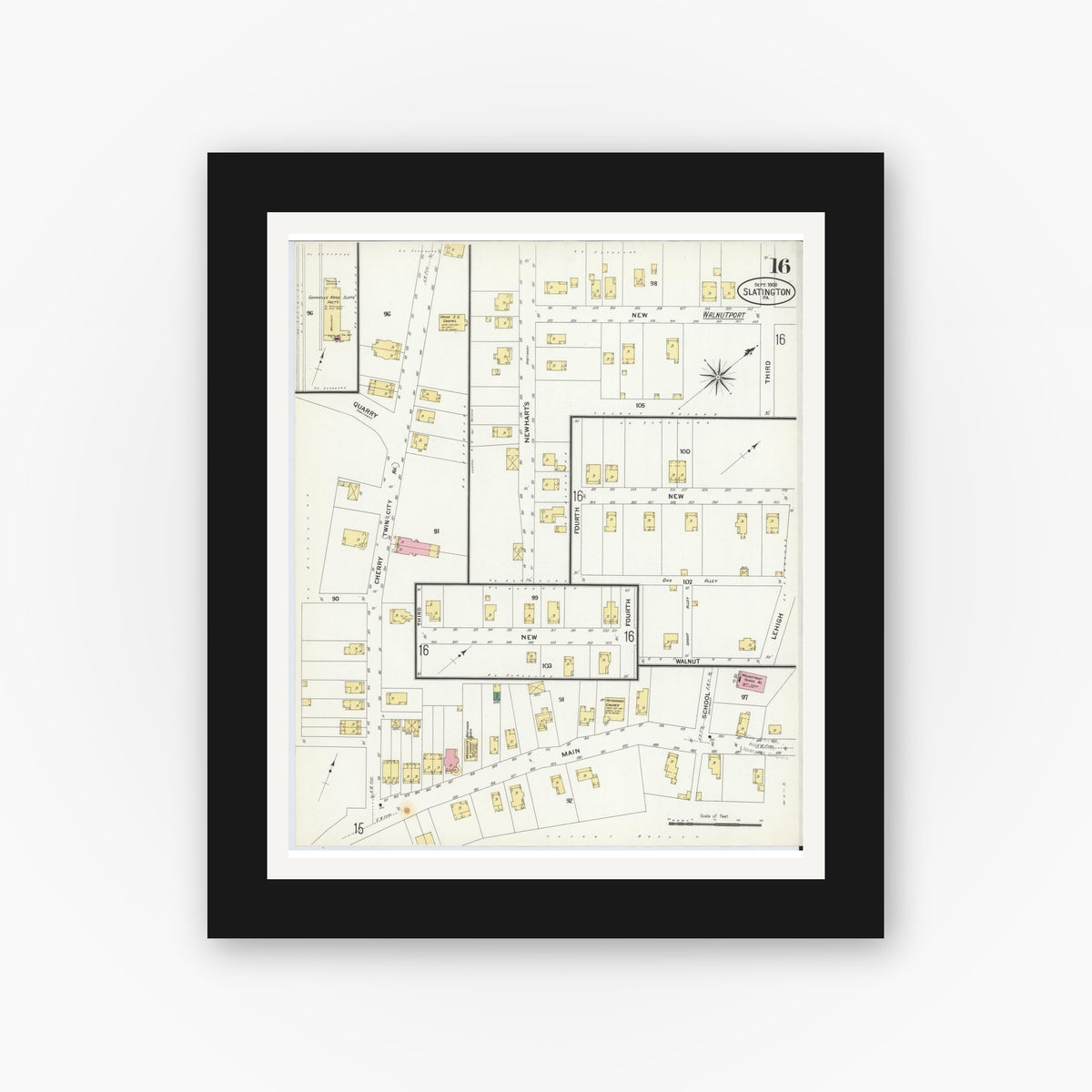 Old map wall art mockup — black gallery frame with white mat — Sanborn Fire Insurance Map from Slatington, Lehigh County, Pennsylvania (1908), Sheet #0016