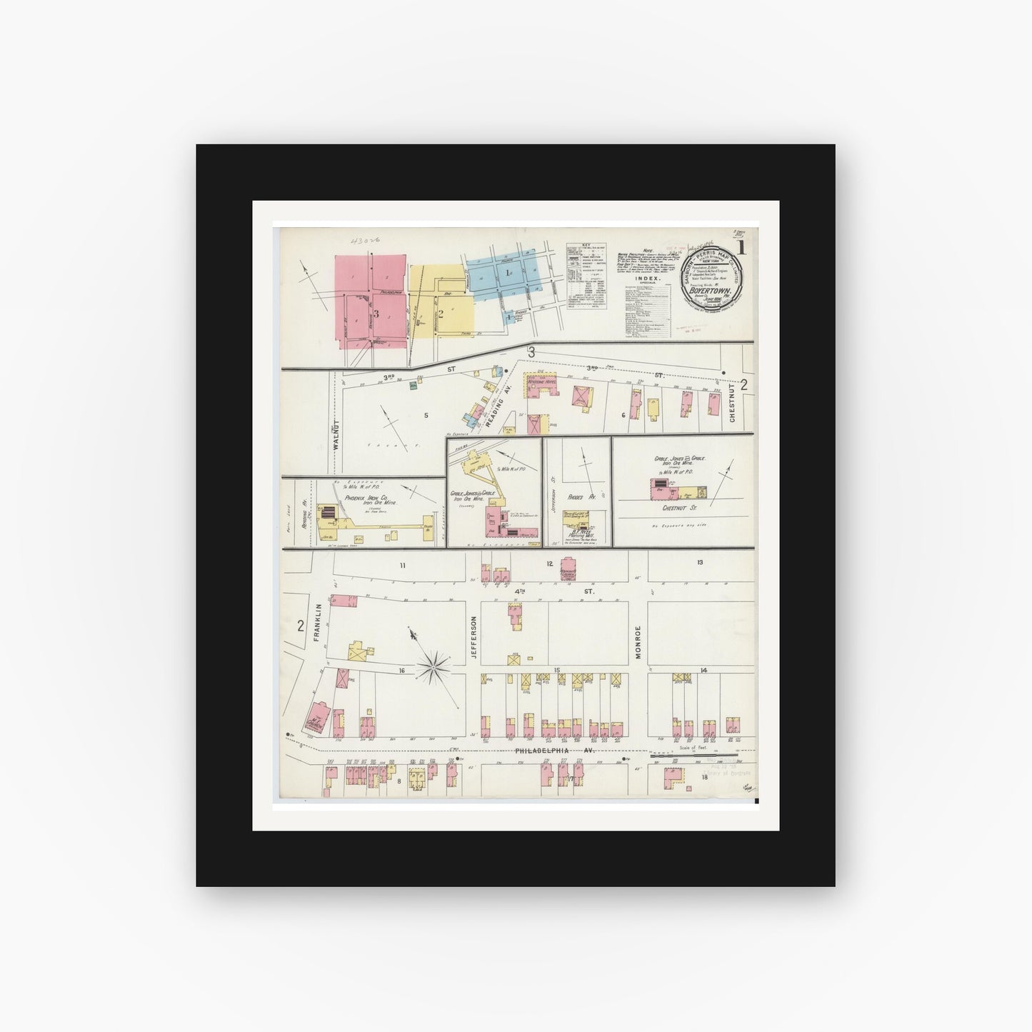 Old map wall art mockup — black gallery frame with white mat — Sanborn Fire Insurance Map from Boyertown, Berks County, Pennsylvania (1896) - Complete Map Set