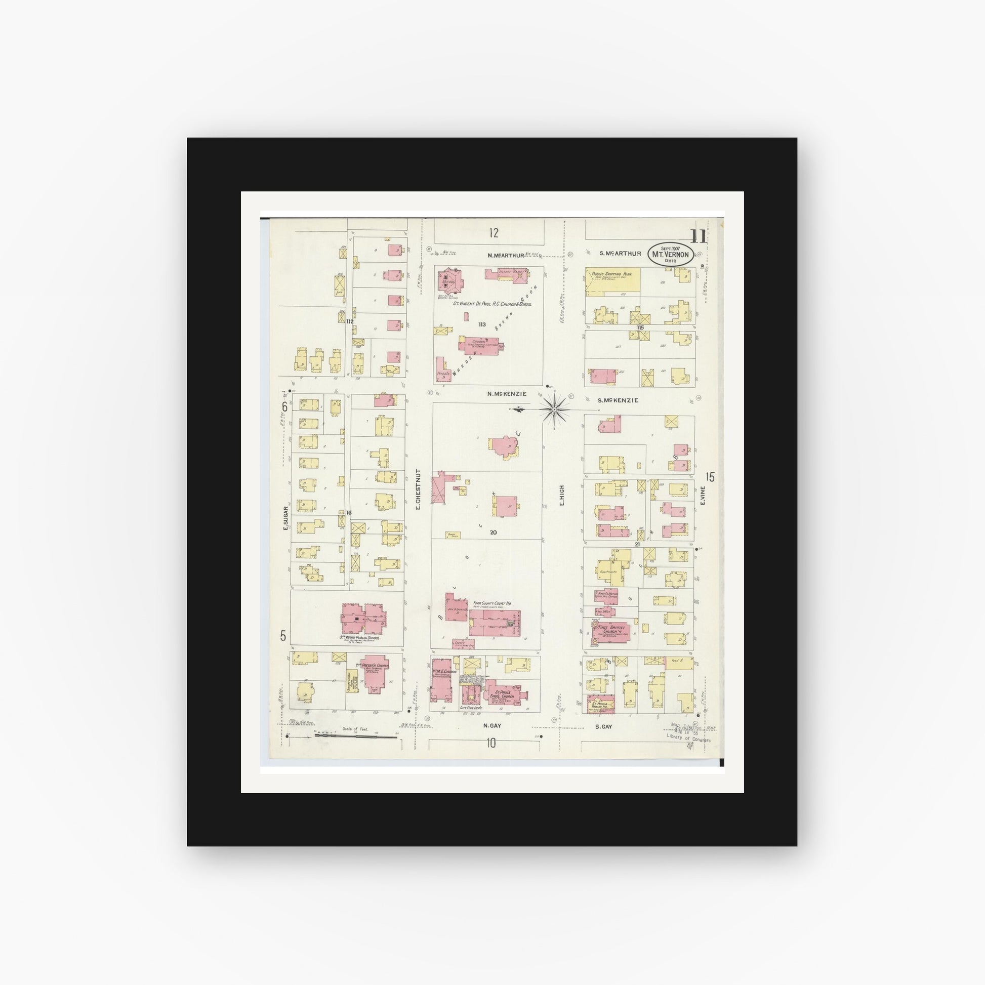 Old map wall art mockup — black gallery frame with white mat — Sanborn Fire Insurance Map from Mount Vernon, Knox County, Ohio (1907), Sheet #0011