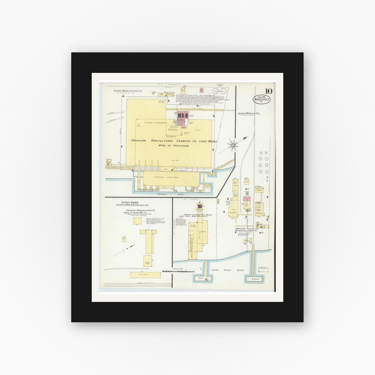 Old map wall art mockup — black gallery frame with white mat — Sanborn Fire Insurance Map from Roosevelt, Middlesex County, New Jersey (1908), Sheet #0010