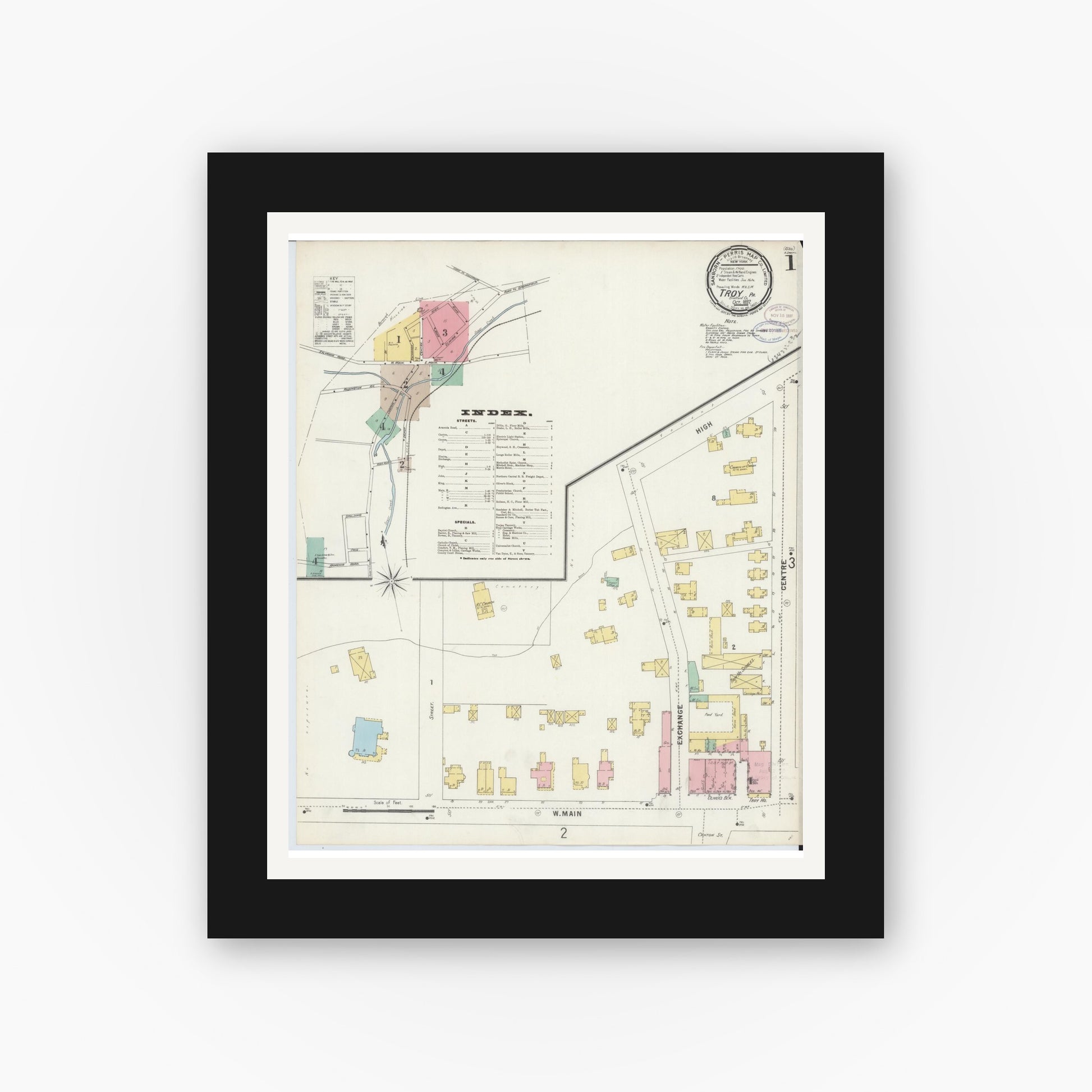 Old map wall art mockup — black gallery frame with white mat — Sanborn Fire Insurance Map from Troy, Bradford County, Pennsylvania (1897) - Complete Map Set