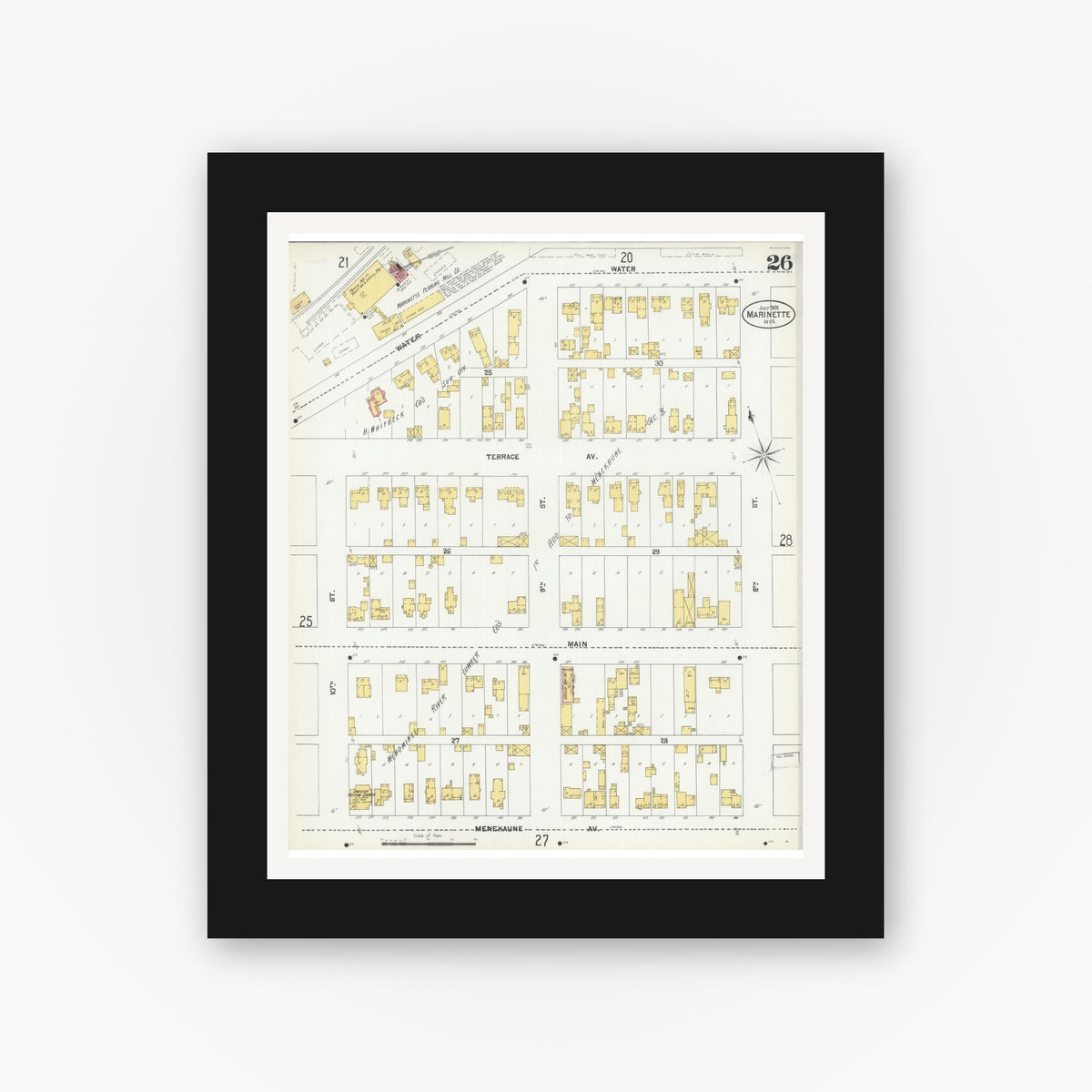 Old map wall art mockup — black gallery frame with white mat — Sanborn Fire Insurance Map from Marinette, Marinette County, Wisconsin (1901), Sheet #0026