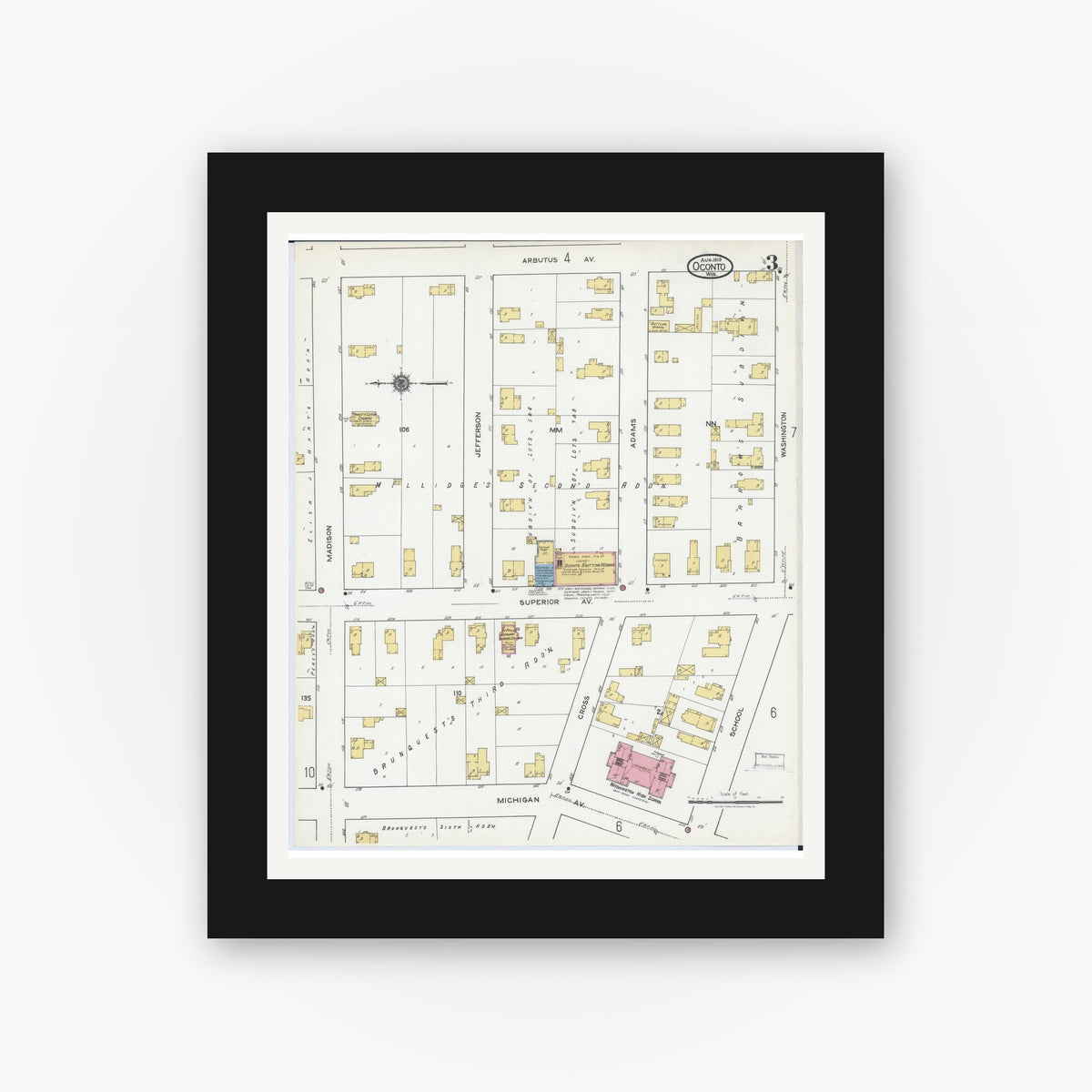 Old map wall art mockup — black gallery frame with white mat — Sanborn Fire Insurance Map from Oconto, Oconto County, Wisconsin (1919), Sheet #0003