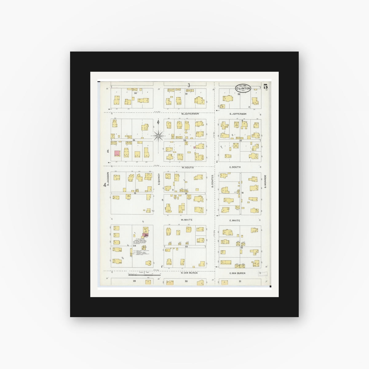 Old map wall art mockup — black gallery frame with white mat — Sanborn Fire Insurance Map from Clinton, De Witt County, Illinois (1904), Sheet #0005