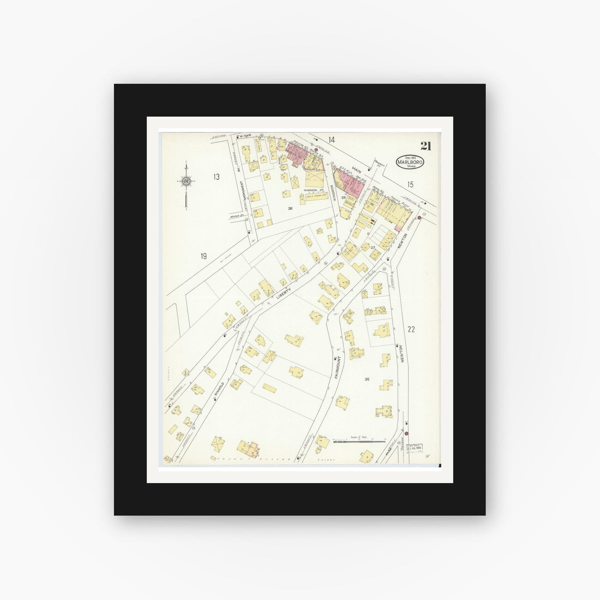 Old map wall art mockup — black gallery frame with white mat — Sanborn Fire Insurance Map from Marlborough, Middlesex County, Massachusetts (1912), Sheet #0021