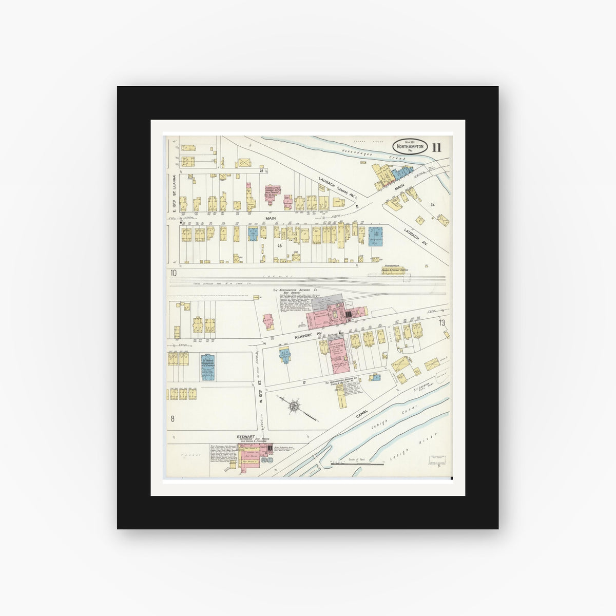 Old map wall art mockup — black gallery frame with white mat — Sanborn Fire Insurance Map from Northampton, Northampton County, Pennsylvania (1911), Sheet #0011