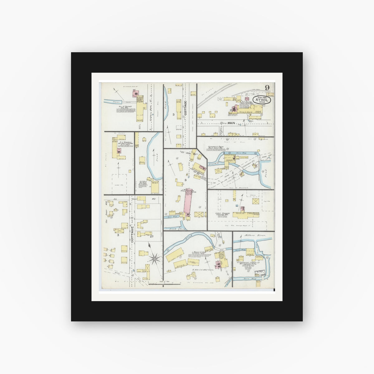 Old map wall art mockup — black gallery frame with white mat — Sanborn Fire Insurance Map from Athol, Worcester County, Massachusetts (1892), Sheet #0009