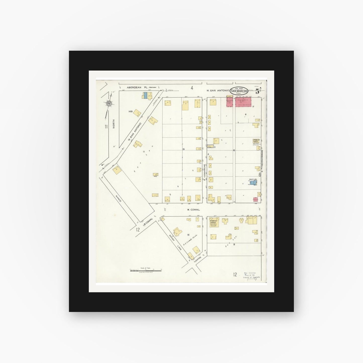 Old map wall art mockup — black gallery frame with white mat — Sanborn Fire Insurance Map from San Marcos, Hays County, Texas (1922), Sheet #0005