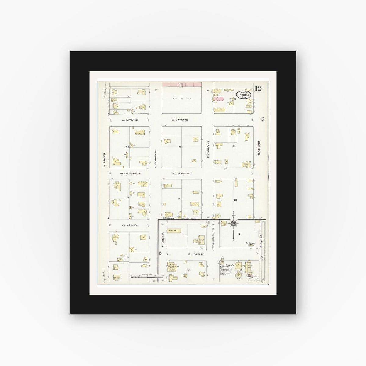 Old map wall art mockup — black gallery frame with white mat — Sanborn Fire Insurance Map from Terrell, Kaufman County, Texas (1914), Sheet #0012