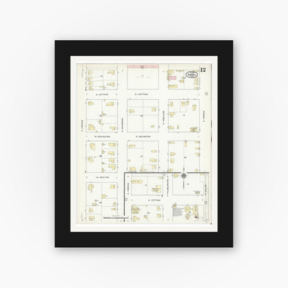 Old map wall art mockup — black gallery frame with white mat — Sanborn Fire Insurance Map from Terrell, Kaufman County, Texas (1914), Sheet #0012