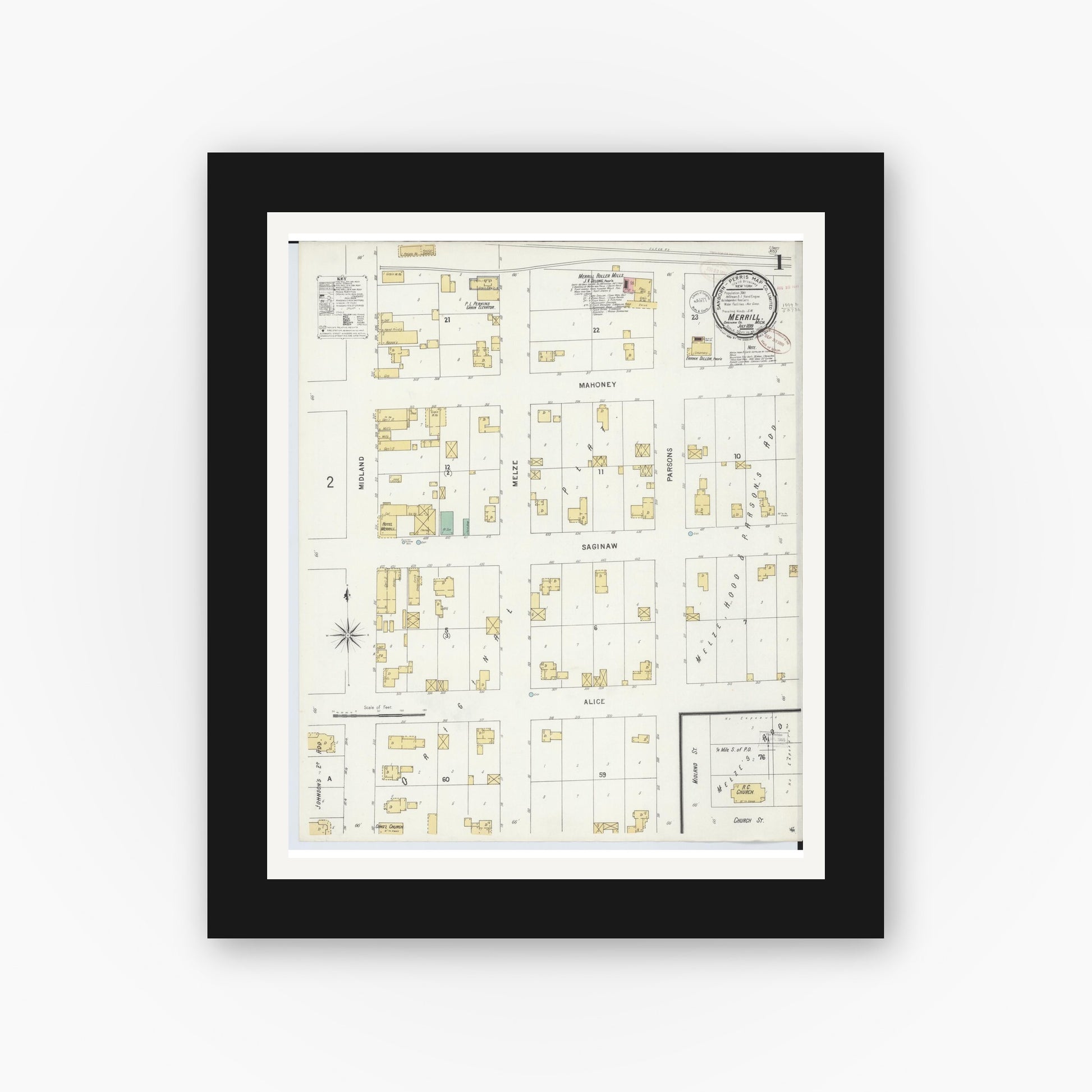 Old map wall art mockup — black gallery frame with white mat — Sanborn Fire Insurance Map from Merrill, Saginaw County, Michigan (1899) - Complete Map Set