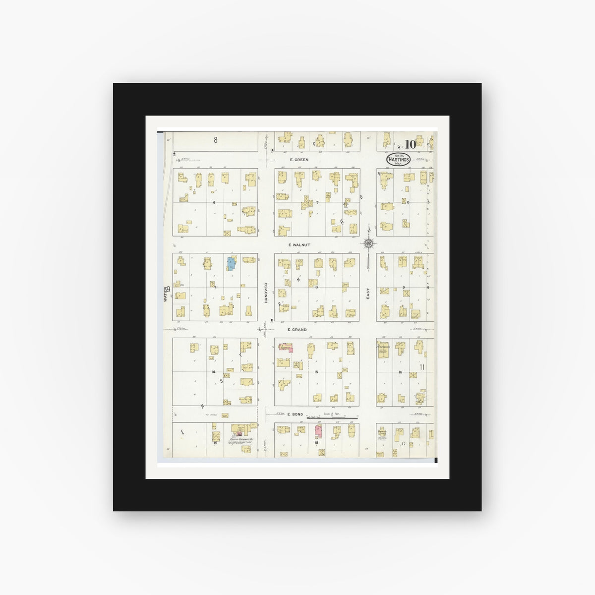 Old map wall art mockup — black gallery frame with white mat — Sanborn Fire Insurance Map from Hastings, Barry County, Michigan (1916), Sheet #0010