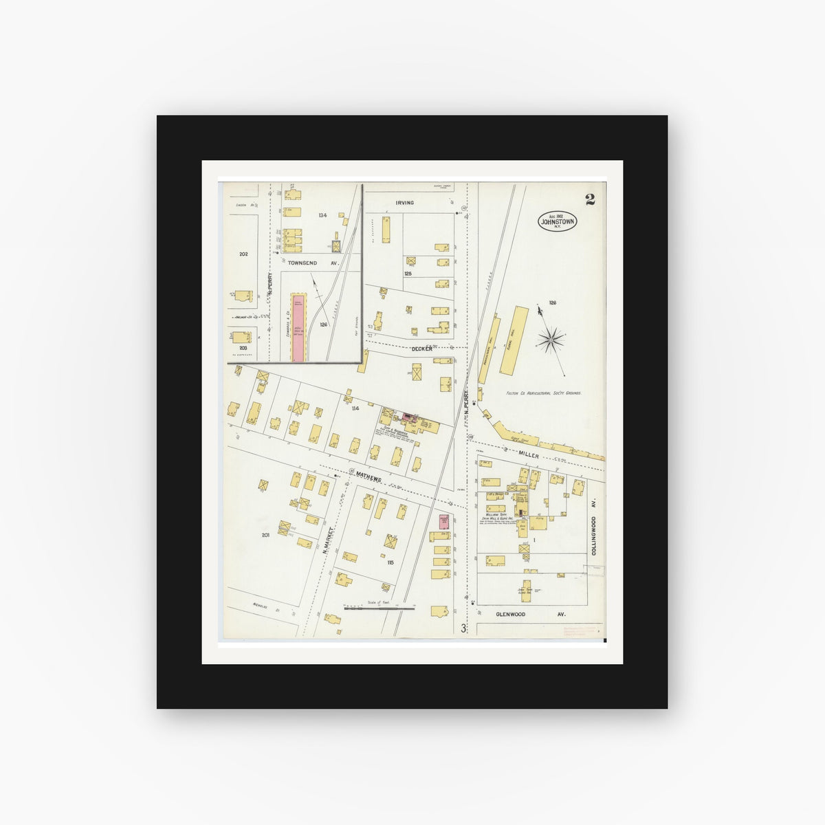 Old map wall art mockup — black gallery frame with white mat — Sanborn Fire Insurance Map from Johnstown, Fulton County, New York (1902) - Complete Map Set