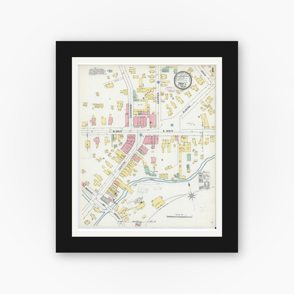Old map wall art mockup — black gallery frame with white mat — Sanborn Fire Insurance Map from Troy, Bradford County, Pennsylvania (1892) - Complete Map Set
