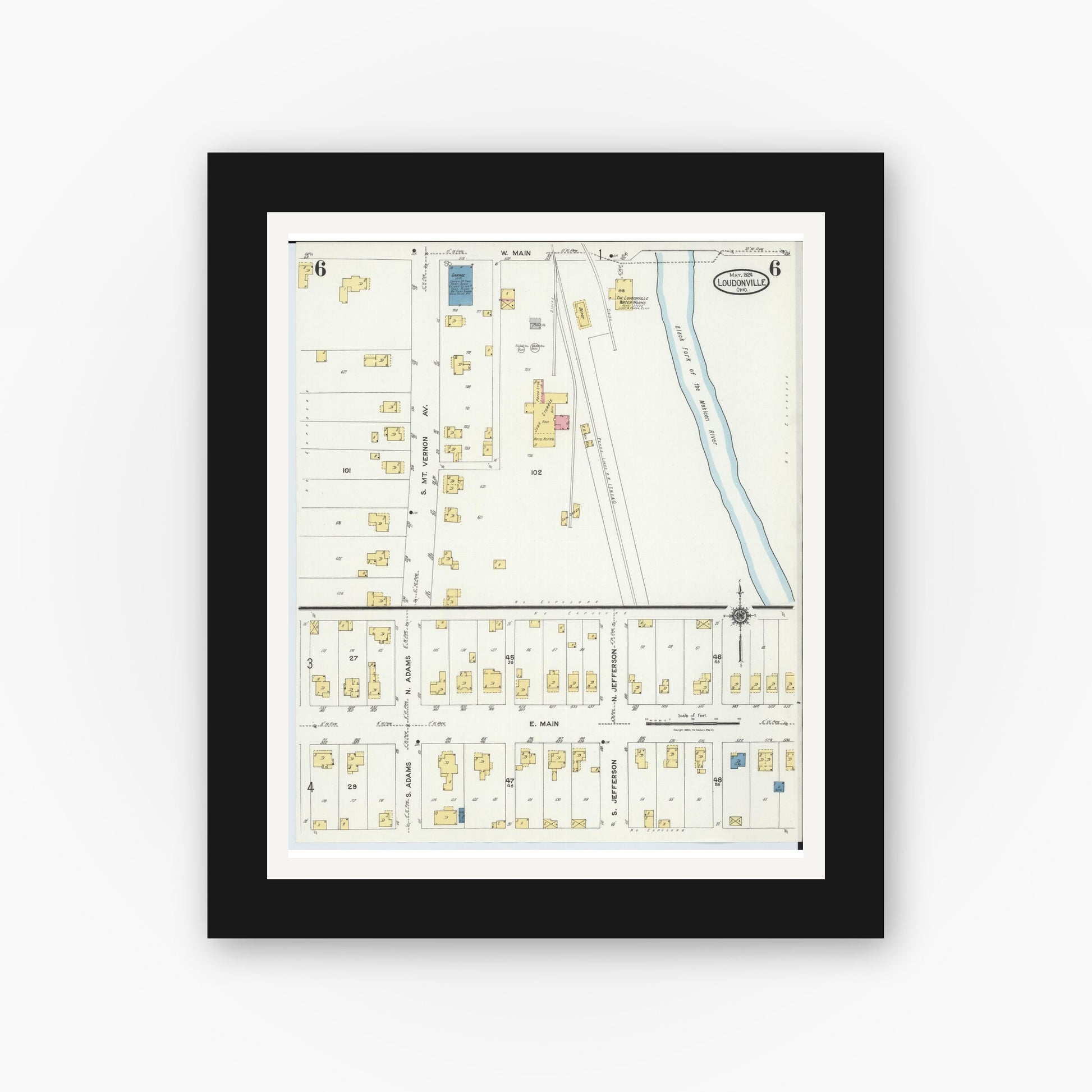Old map wall art mockup — black gallery frame with white mat — Sanborn Fire Insurance Map from Loudonville, Ashland County, Ohio (1924), Sheet #0006
