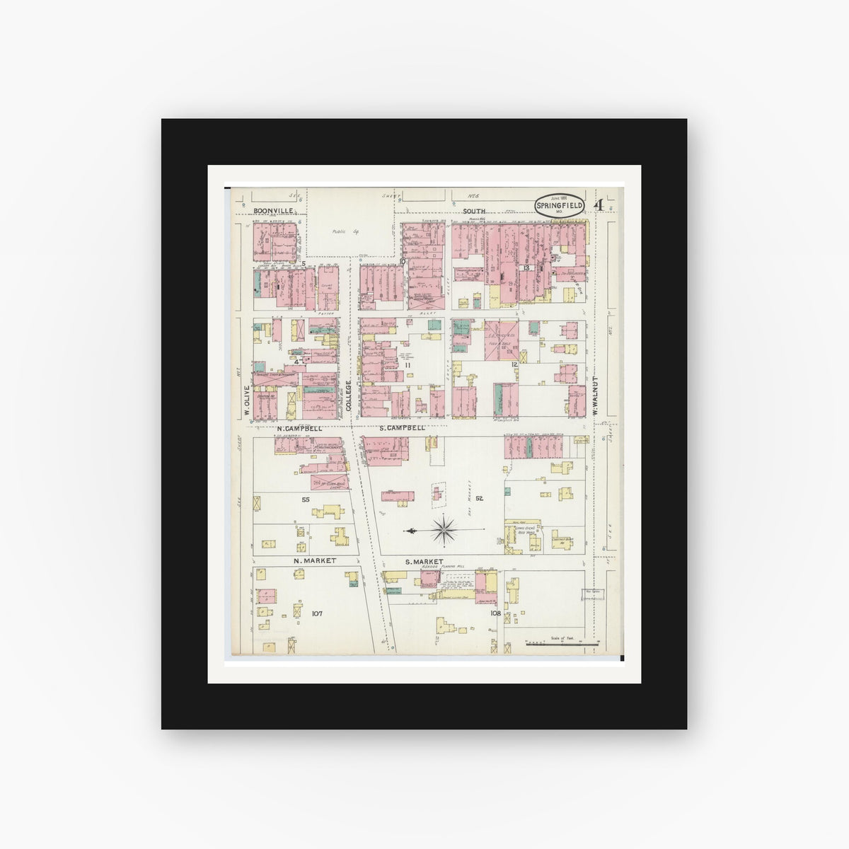 Old map wall art mockup — black gallery frame with white mat — Sanborn Fire Insurance Map from Springfield, Greene County, Missouri (1891), Sheet #0004