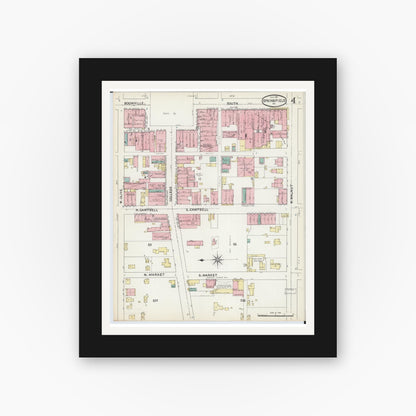 Old map wall art mockup — black gallery frame with white mat — Sanborn Fire Insurance Map from Springfield, Greene County, Missouri (1891), Sheet #0004