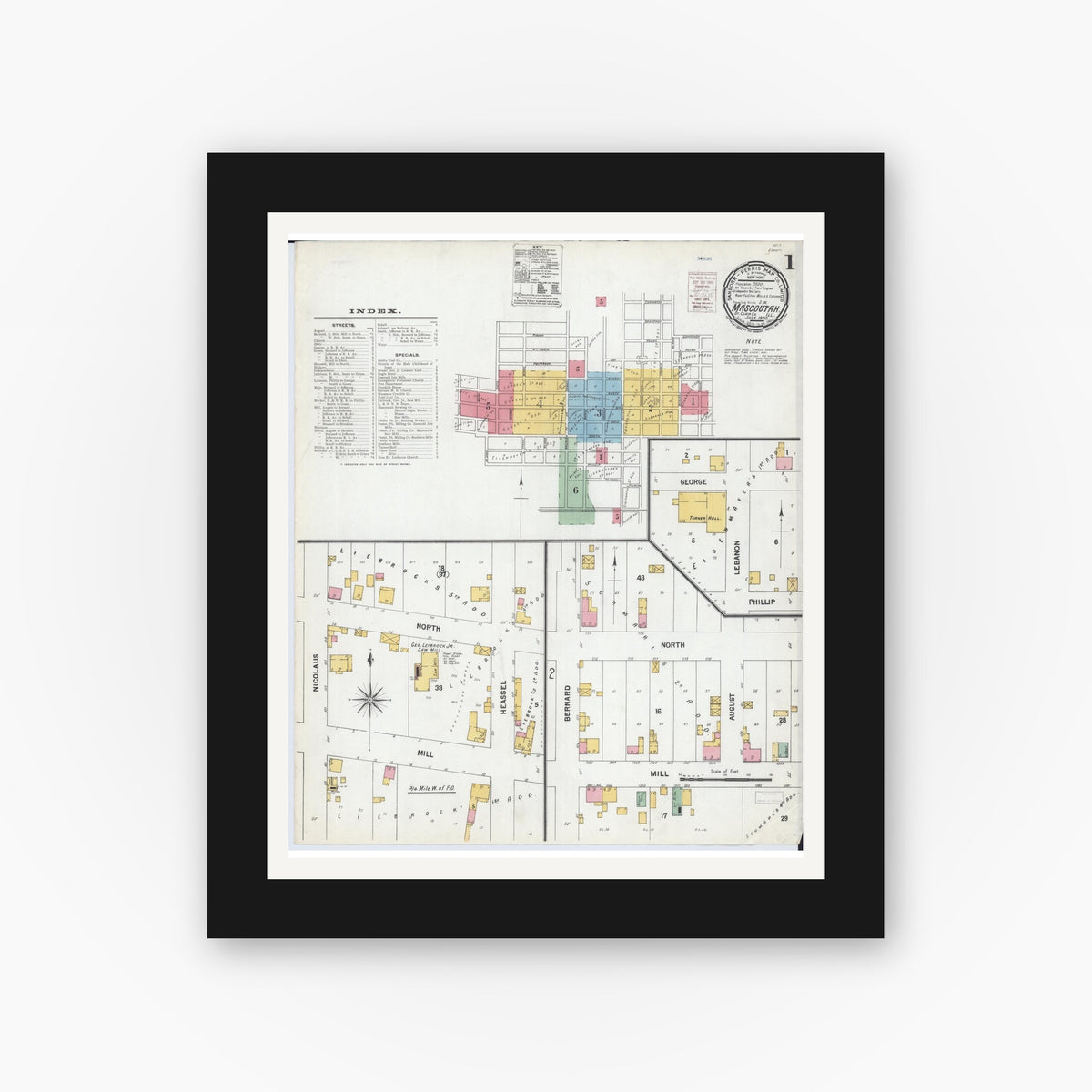 Old map wall art mockup — black gallery frame with white mat — Sanborn Fire Insurance Map from Mascoutah, Saint Clair County, Illinois (1900) - Complete Map Set