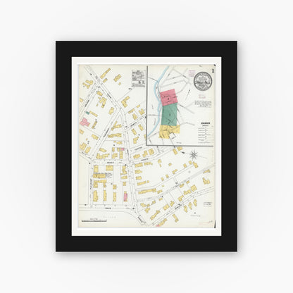 Old map wall art mockup — black gallery frame with white mat — Sanborn Fire Insurance Map from South Hadley Falls, Hampshire County, Massachusetts (1905) - Complete Map Set