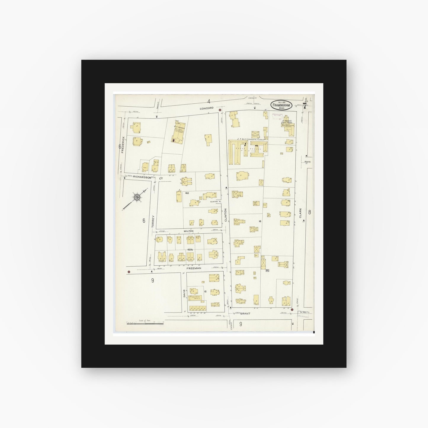 Old map wall art mockup — black gallery frame with white mat — Sanborn Fire Insurance Map from Framingham, Middlesex County, Massachusetts (1915), Sheet #0007