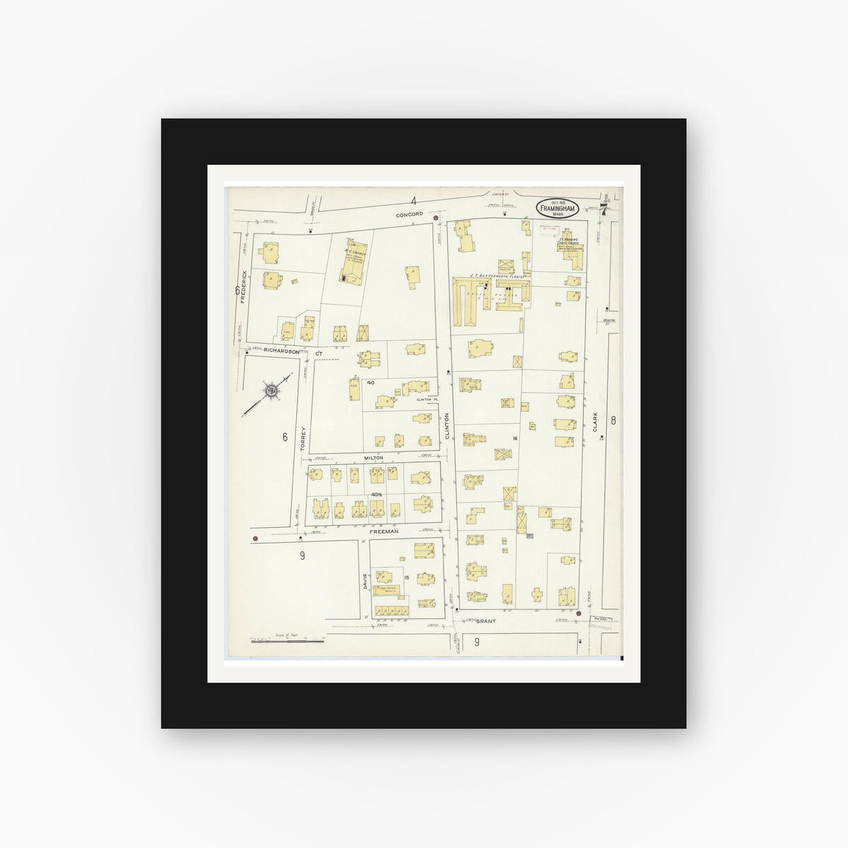 Old map wall art mockup — black gallery frame with white mat — Sanborn Fire Insurance Map from Framingham, Middlesex County, Massachusetts (1915), Sheet #0007