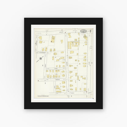 Old map wall art mockup — black gallery frame with white mat — Sanborn Fire Insurance Map from Framingham, Middlesex County, Massachusetts (1915), Sheet #0007