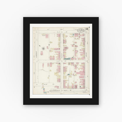 Old map wall art mockup — black gallery frame with white mat — Sanborn Fire Insurance Map from Columbia, Lancaster County, Pennsylvania (1886), Sheet #0015