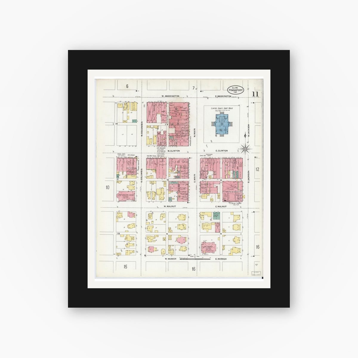 Old map wall art mockup — black gallery frame with white mat — Sanborn Fire Insurance Map from Frankfort, Clinton County, Indiana (1906), Sheet #0011