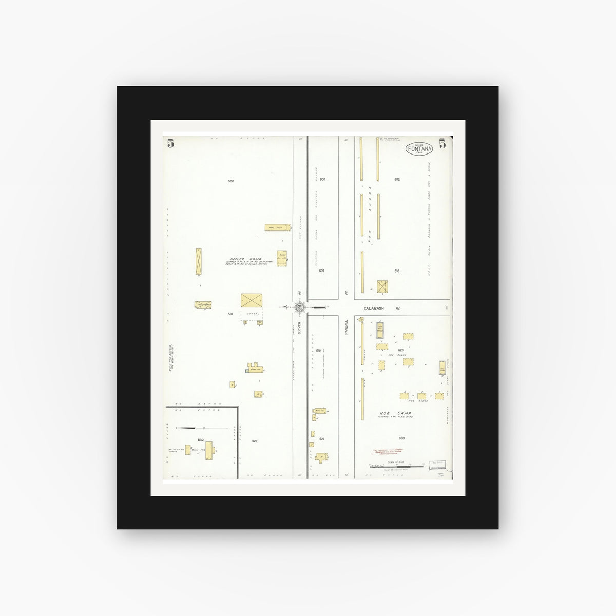 Old map wall art mockup — black gallery frame with white mat — Sanborn Fire Insurance Map from Fontana, San Bernardino County, California (1926), Sheet #0005
