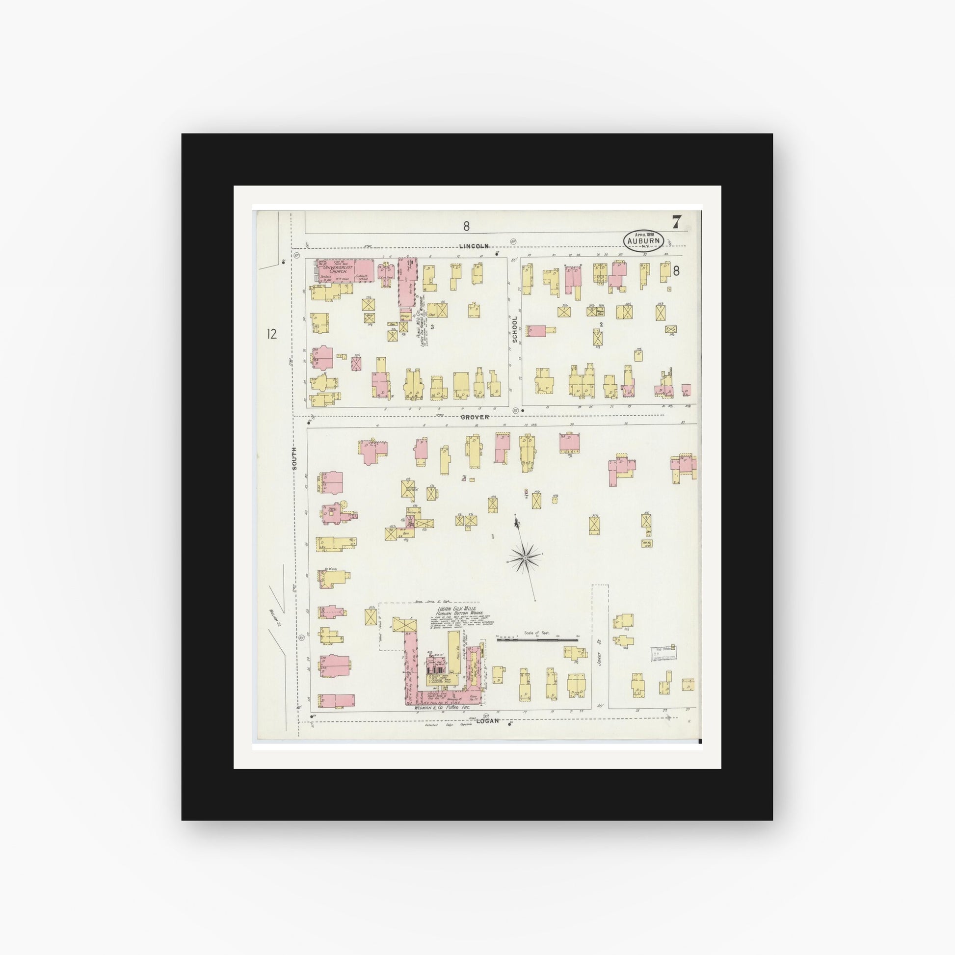 Old map wall art mockup — black gallery frame with white mat — Sanborn Fire Insurance Map from Auburn, Cayuga County, New York (1898), Sheet #0007