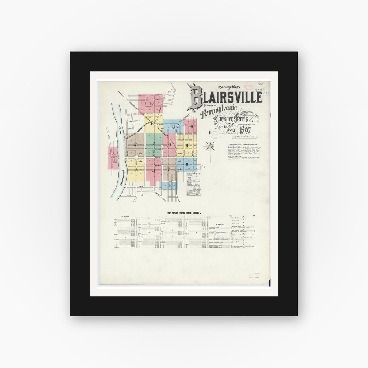 Old map wall art mockup — black gallery frame with white mat — Sanborn Fire Insurance Map from Blairsville, Indiana County, Pennsylvania (1897), Sheet #0001